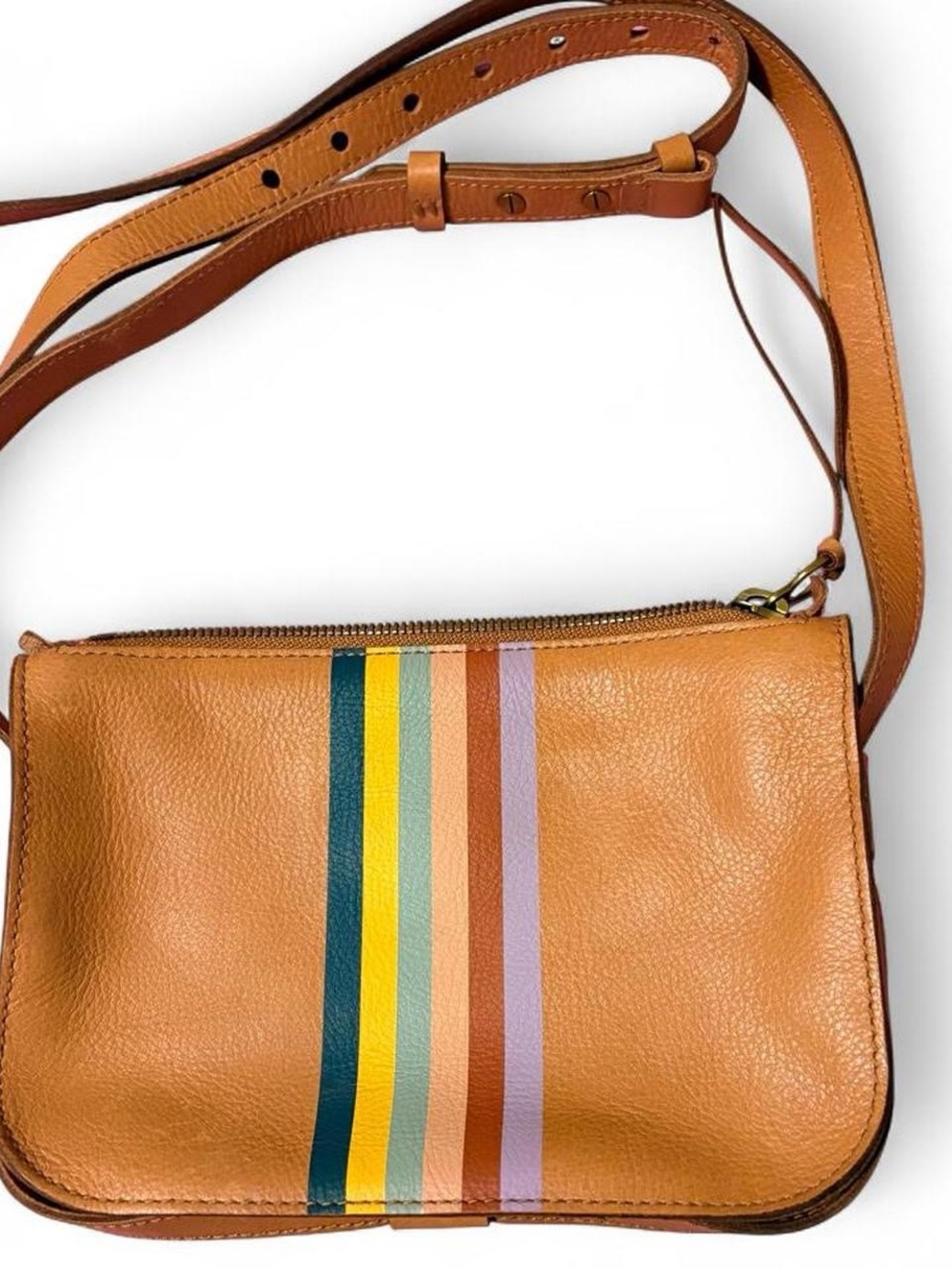Madewell Tan Leather Crossbody Bag with Multicolor Stripe